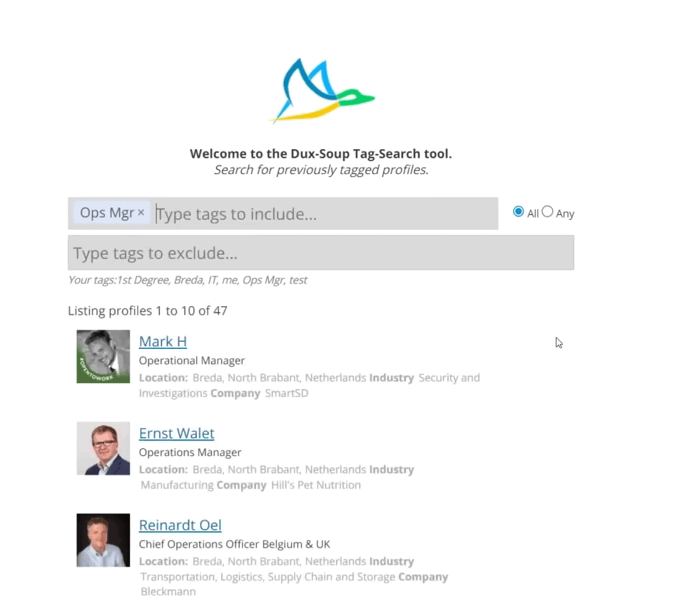 Dux Soup tag search tool