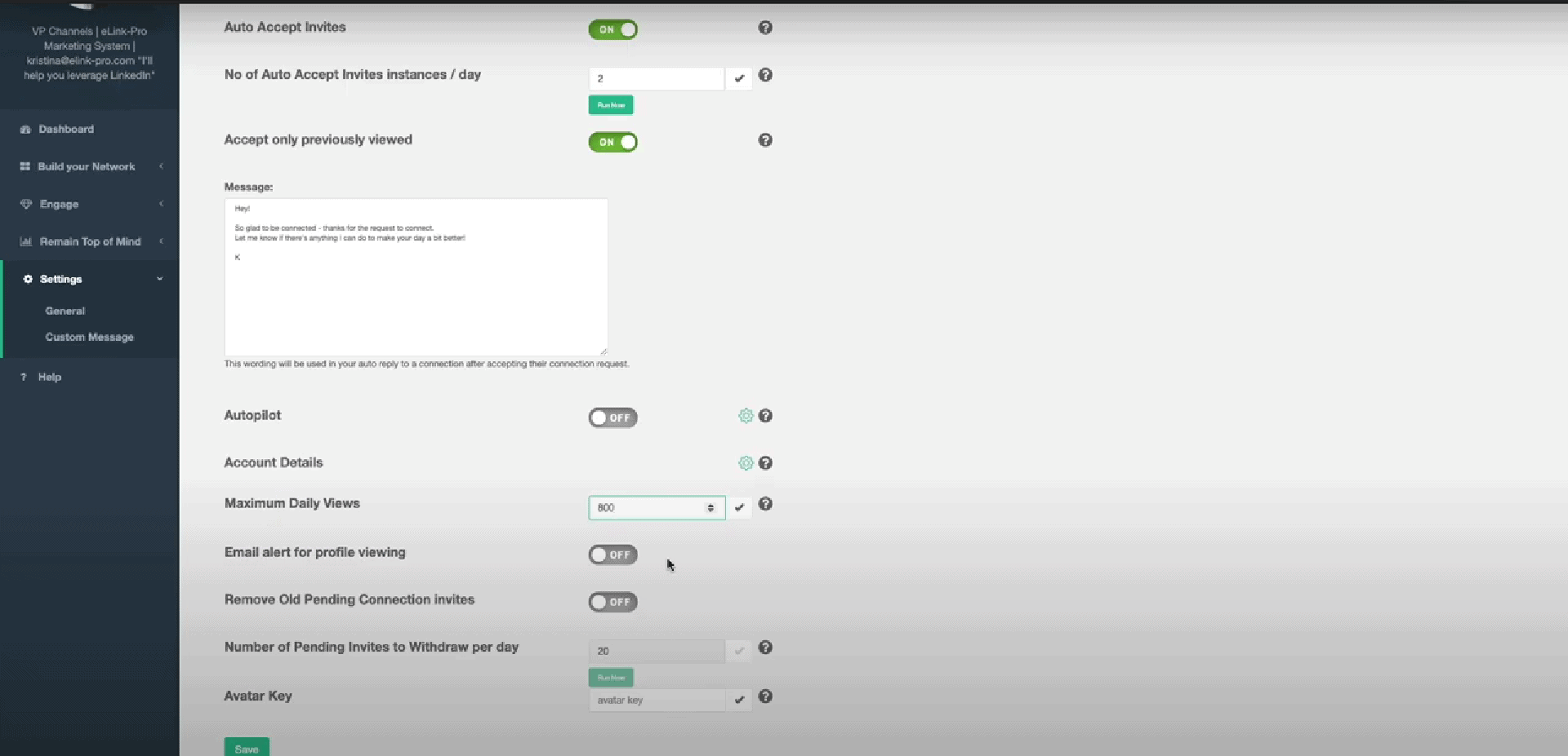 eLink Pro Settings page