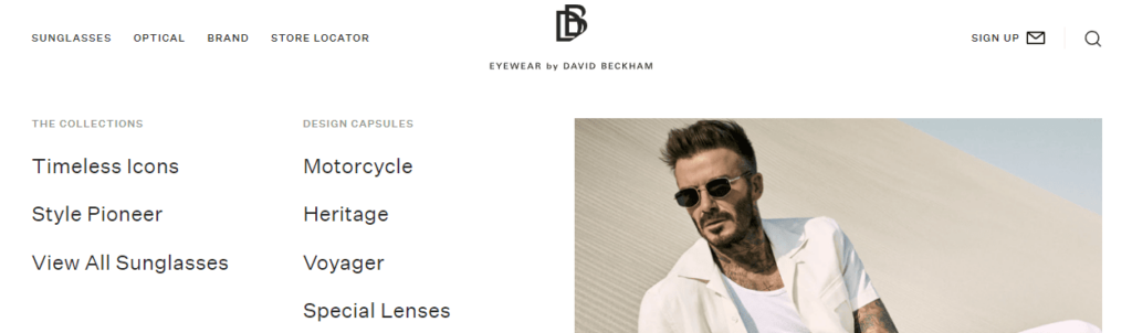 Eyewear by David Beckham home page on their Shopify website