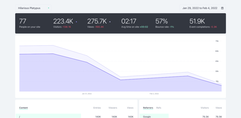 Fathom dashboard to track website visitors