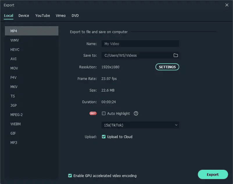Filmora WonderShare Export options