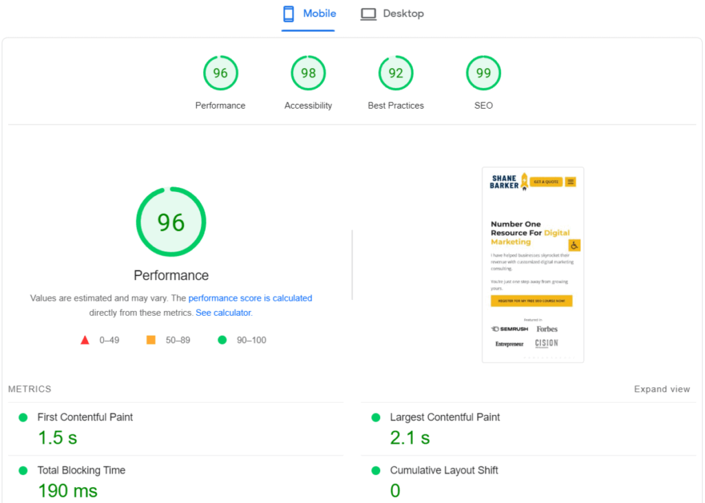 Google Page Speed Insights Performance Score