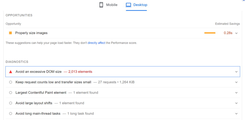 Google PageSpeedInsights improvement opportunities