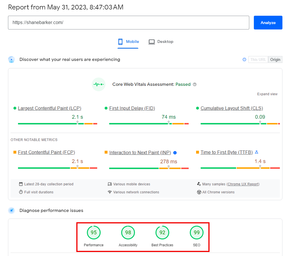 Google PageSpeedInsights report