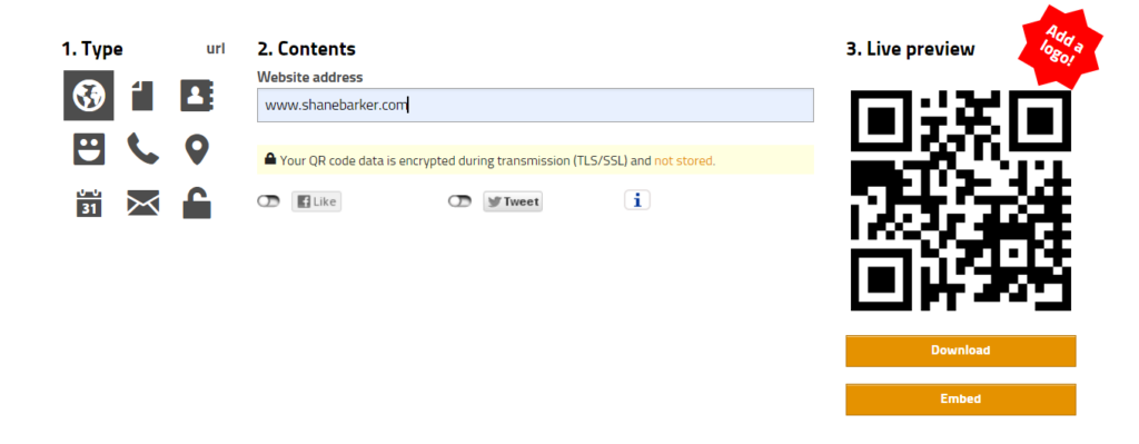 GoQR content type and url entry