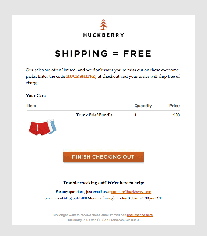 Huckberry's abandoned cart recovery email