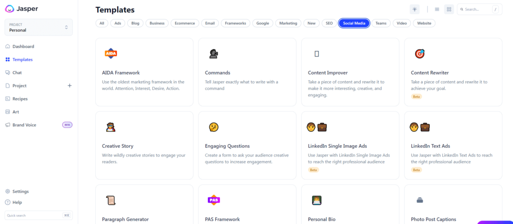 Jasper AI content generation templates