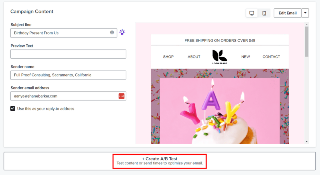 Klaviyo A/B testing email campaign