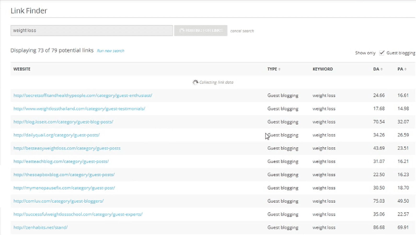 Link Finder page of affilo tools