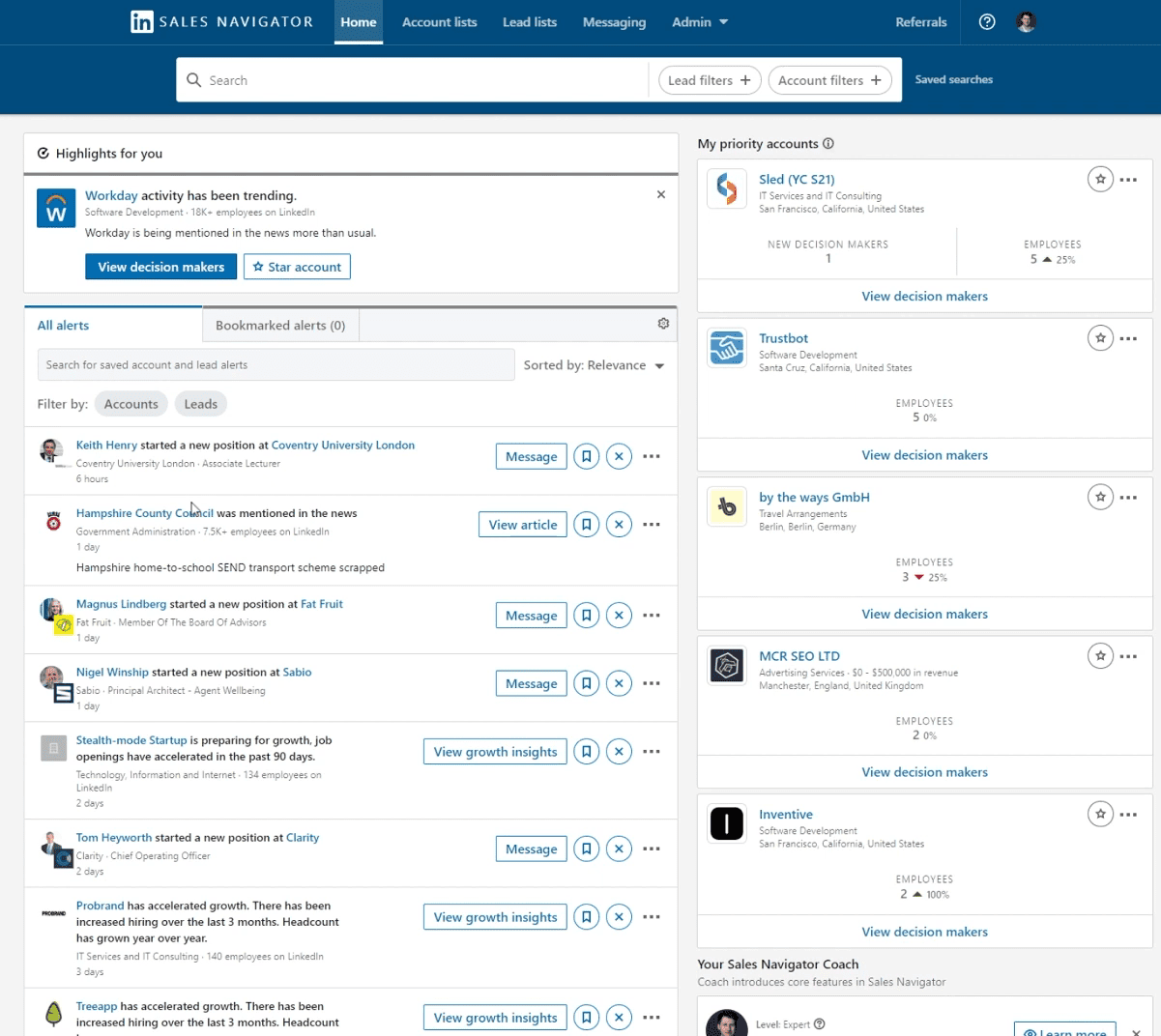 LinkedIn Sales Navigator Highlights page