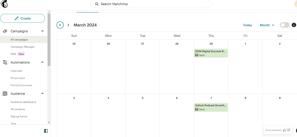 Mailchimp calendar view of email campaigns