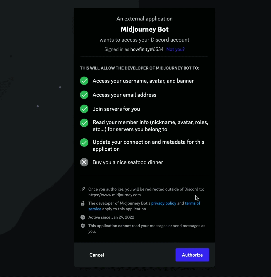 Midjourney authorization