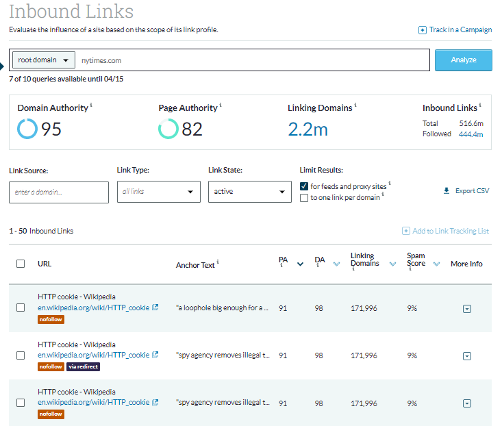 Moz Link Explorer - Inbound Links