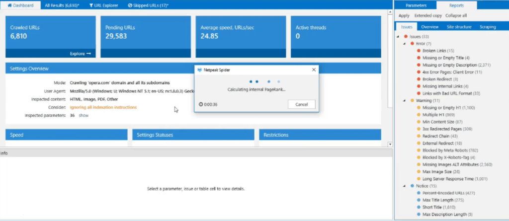 Netpeak Spider Dashboard