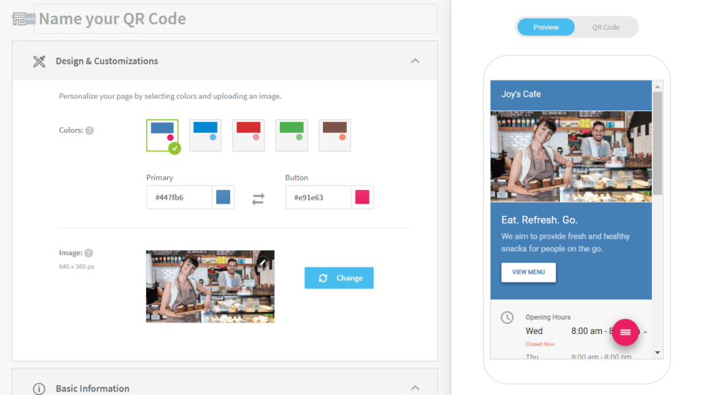 QR Code Generator Customization of landing page