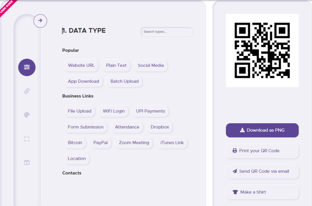 QRStuff data type selection