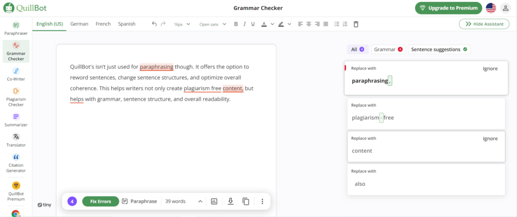 QuillBot Grammar Checker Example