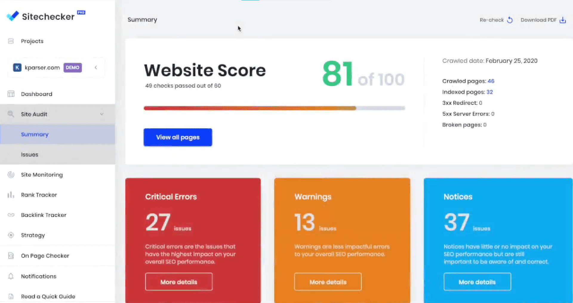  Rank Tracking Tool Sitechecker Summary screen