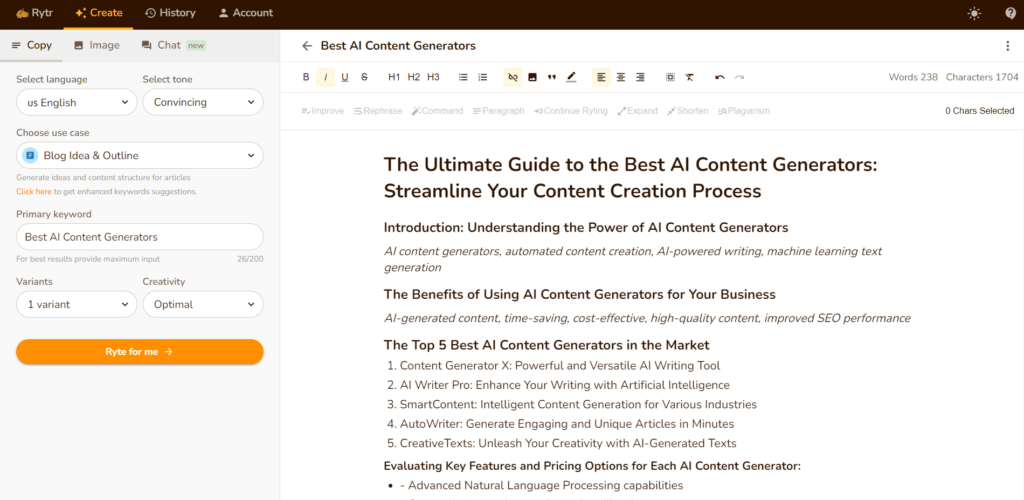 Rytr content outline example