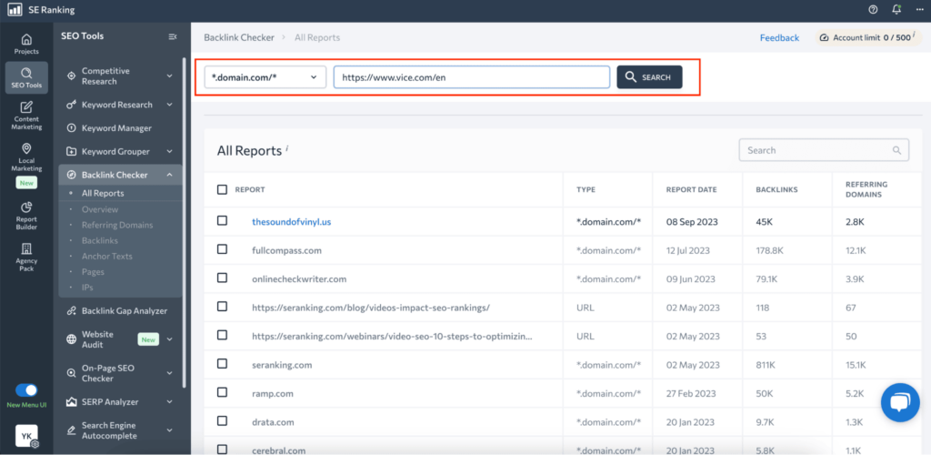SE Ranking backlink checker