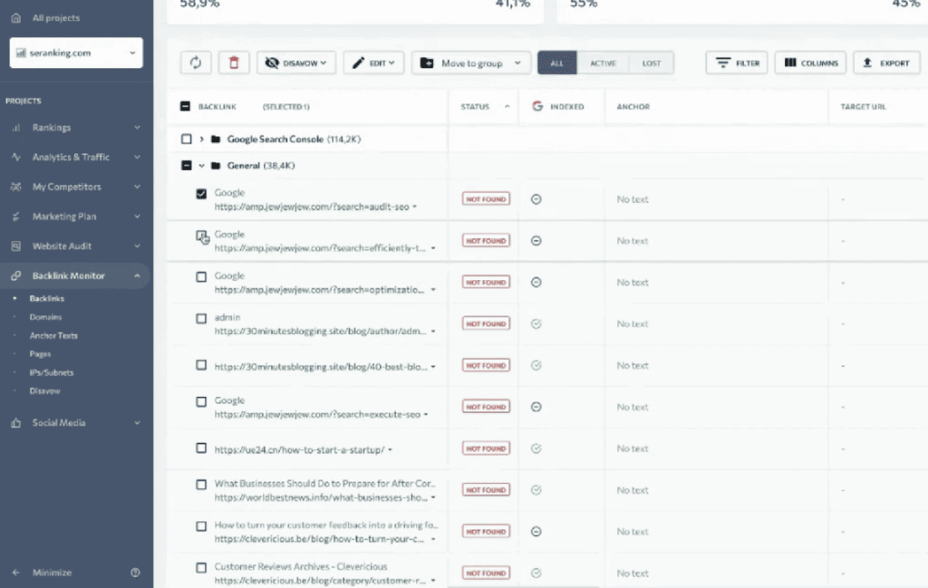 SE Ranking Backlink Dashboard