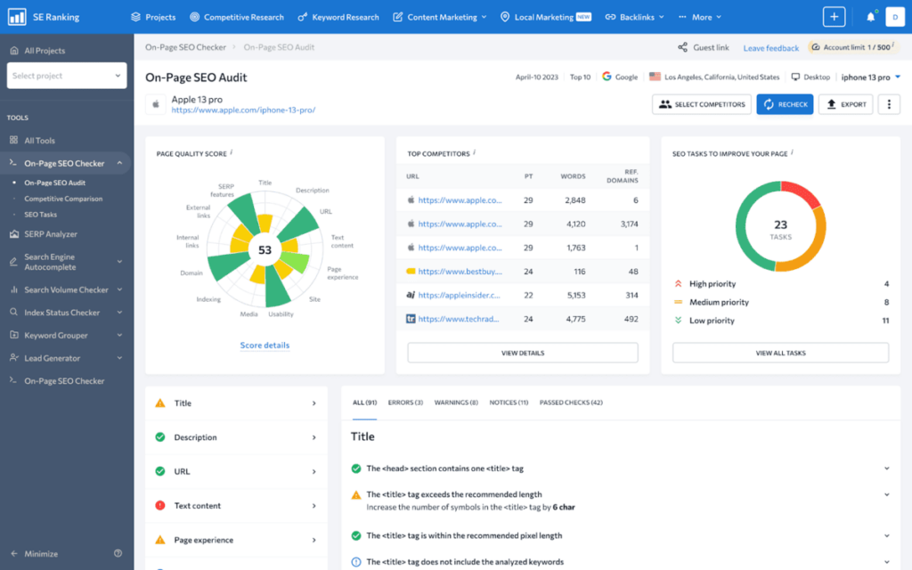 SE Ranking On-page SEO
