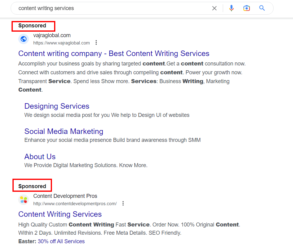 Search ads for content writing services