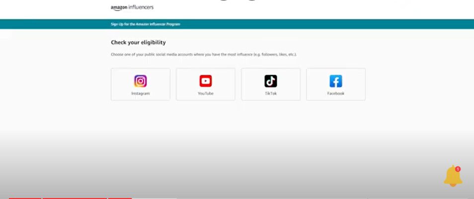 Selecting the social media platform you'll use for the Amazon Influencer Program
