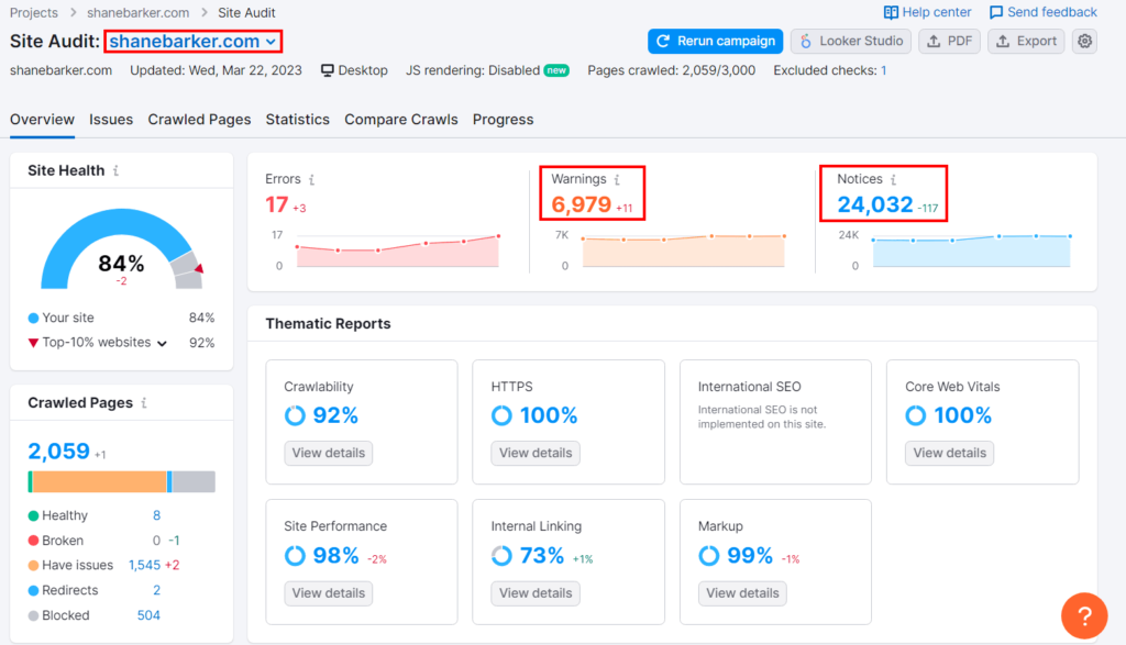 Semrush site audit 