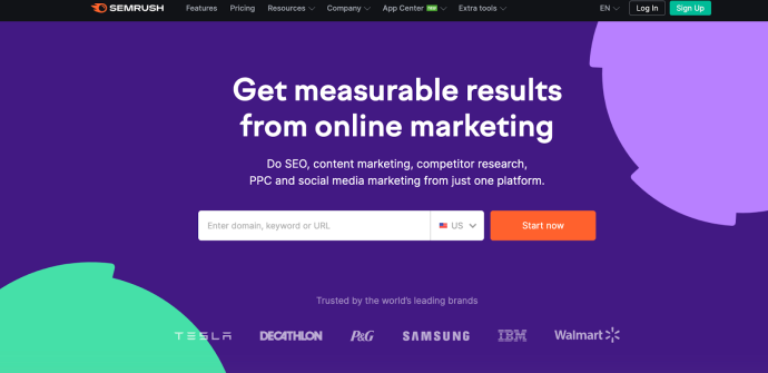 A display of navigation tabs on the Semrush homepage