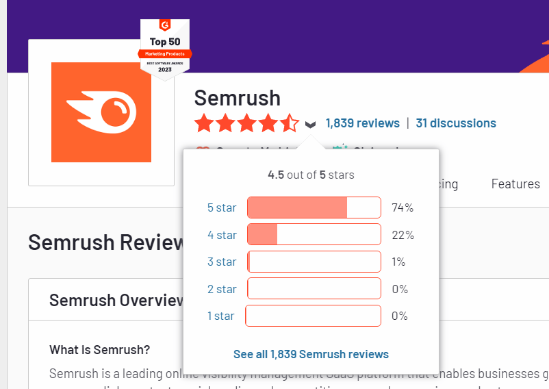 Semrush G2 customer ratings