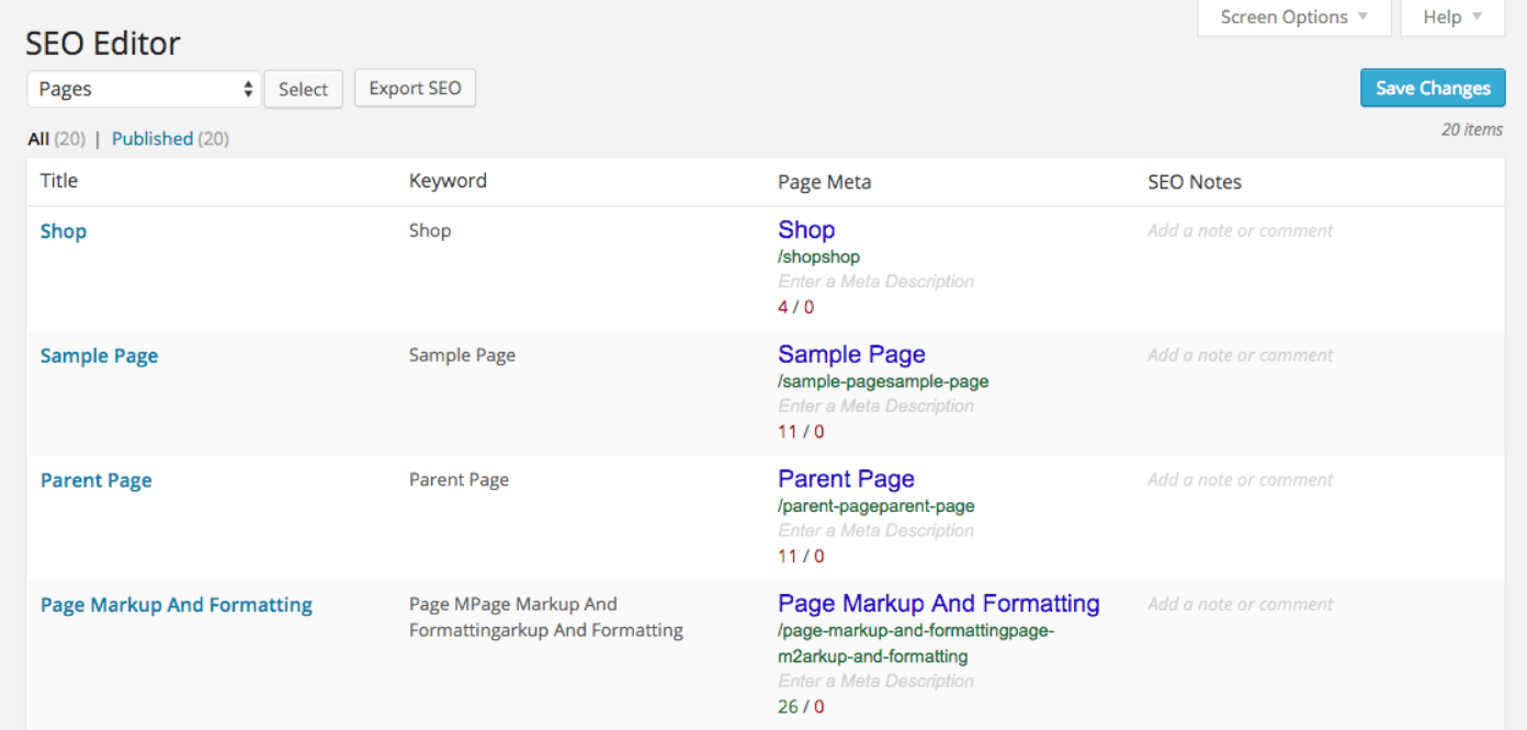 SEO Editor Results page