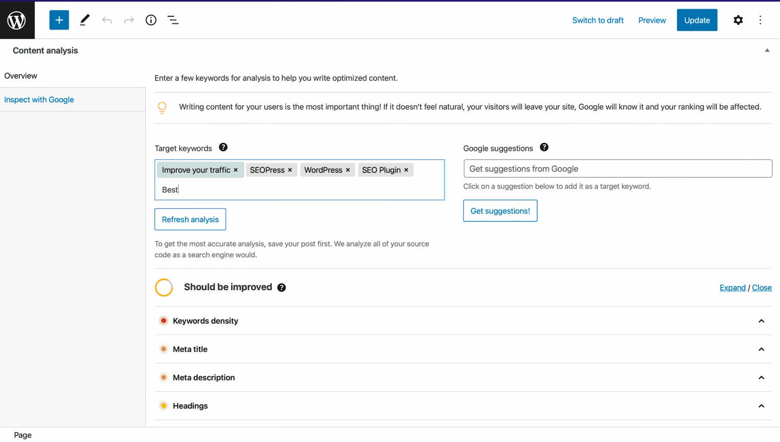 SEOPress content analysis