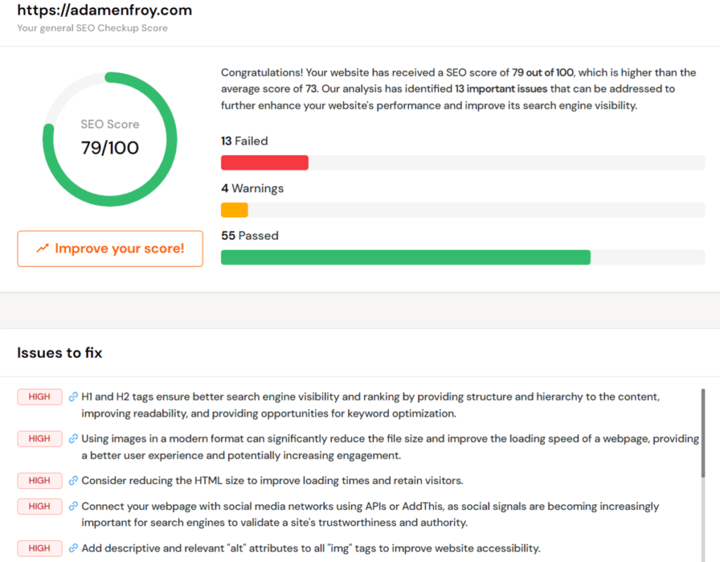 SEOSiteCheckup SEO Report