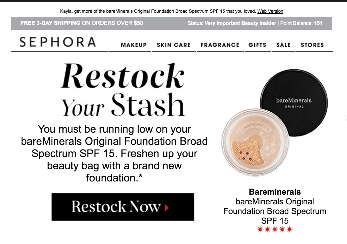 Sephora Restock Email Example - Behavioral Targeting