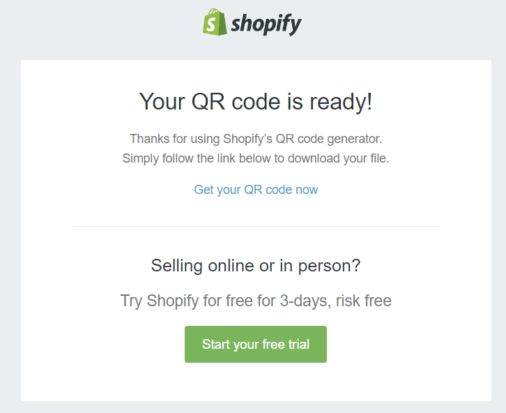 Shopify's Free QR Code generator email example