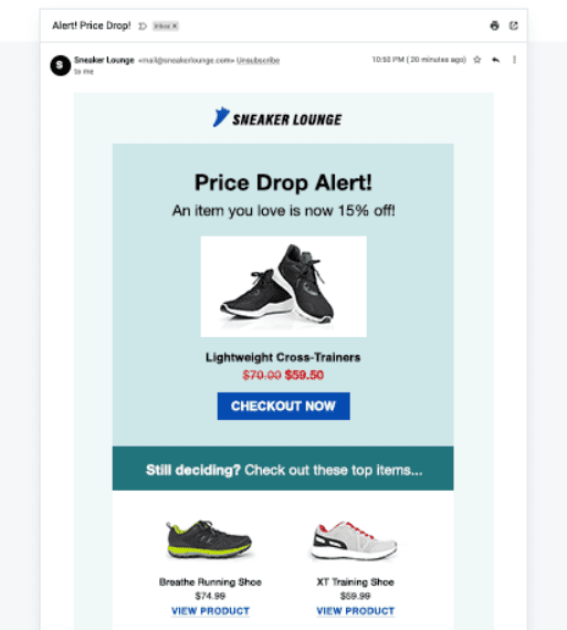 Sneaker Lounge's price drop alert email