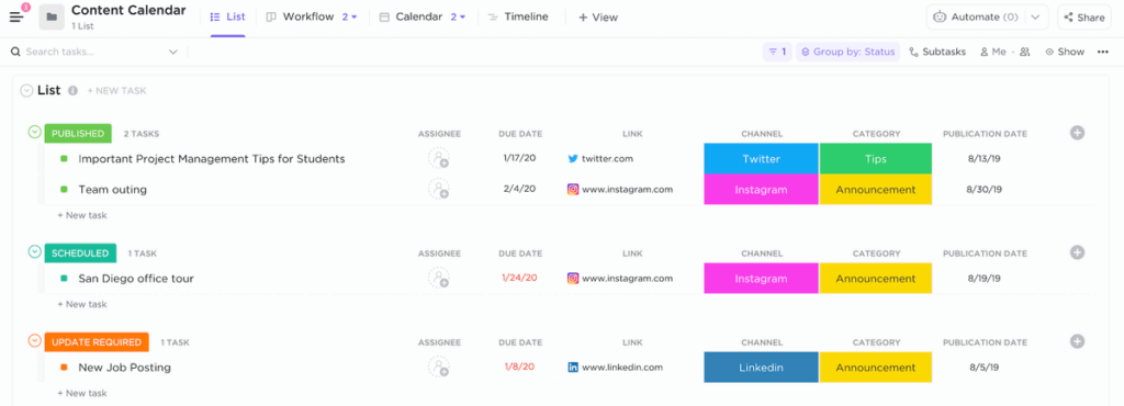Social media content calendar on ClickUp