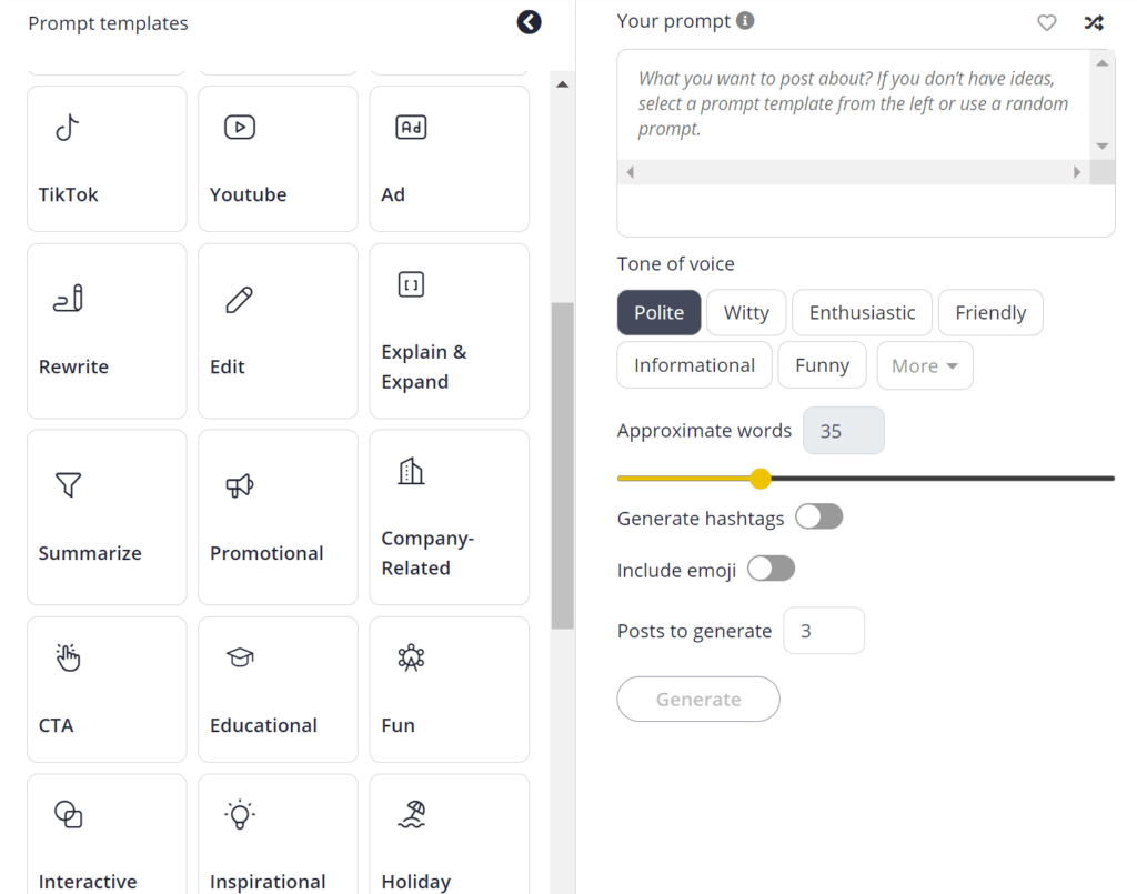 socialbee ai content generator prompt templates