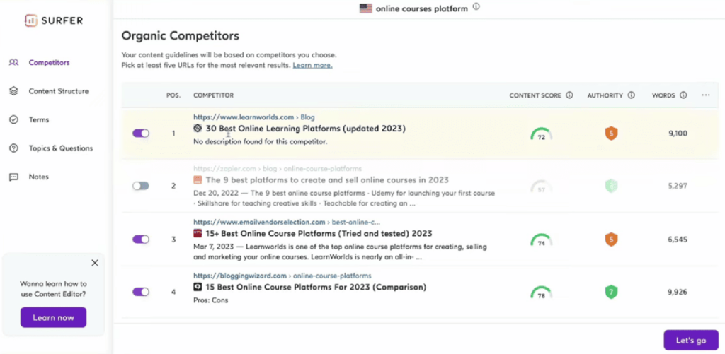 Surfer SEO Organic Competitors