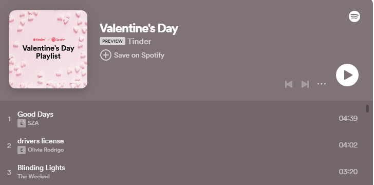 Tinder and Spotify- Valentine's Day Playlist