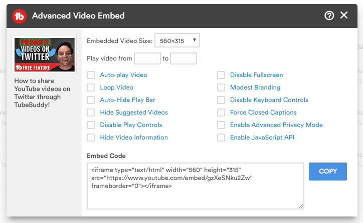 TubeBuddy advanced YouTube video embedding options