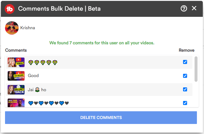 TubeBuddy comments bulk delete