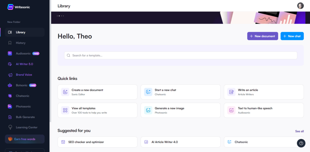 Writesonic main dashboard