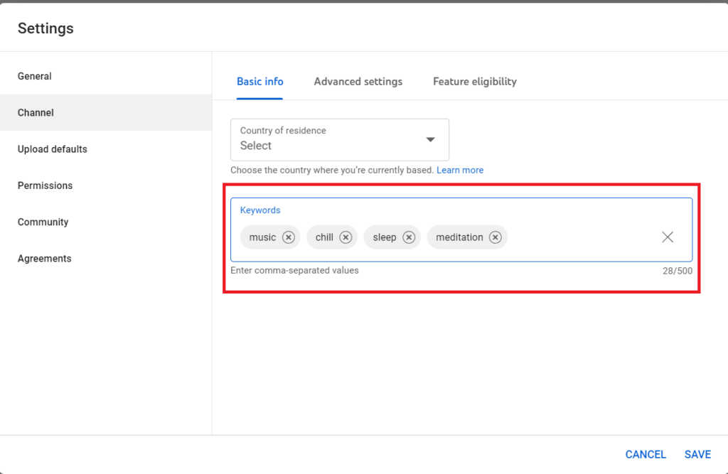 YouTube Basic Info settings