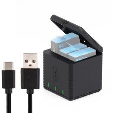 RUIGPRO USB סוללות משולשות קופסת מטען דיור עם כבלים ואור מחוון לגיבור GOPRO9 שחור / HERO10 שחור (שחור)