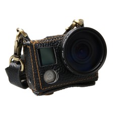 For GoPro HERO4 Litchi Texture Genuine Leather Protective Case with Sling(Black)