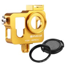 Puluz外壳外壳CNC铝合金保护笼，带有37mm UV镜头滤镜和镜头盖GoPro Hero4（黄金）
