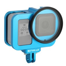 Puluz für GoPro Hero8 Schwarzer Häuserschale CNC Aluminiumlegierung Schutzkäfig mit Versicherungsrahmen und 52 mm UV -Objektiv (blau)
