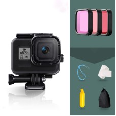 För GoPro Hero8 Svart 45m vattentätt bostadsskyddsfodral med Buckle Basic Mount & Screw & (Purple, Red, Pink) Filters & Floating Bobber Grip & Strap & Anti-Fog Inserts (Black)